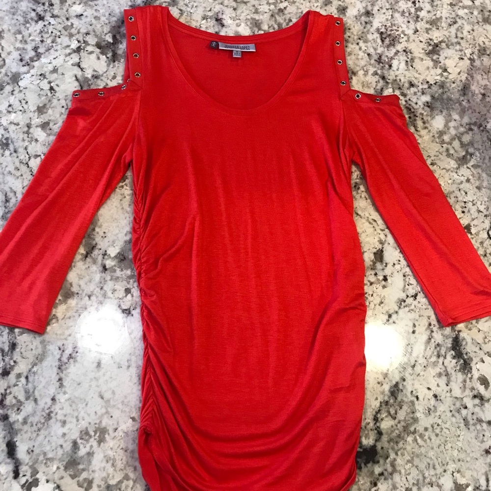 Jennifer Lopez Red Cold Shoulder Top